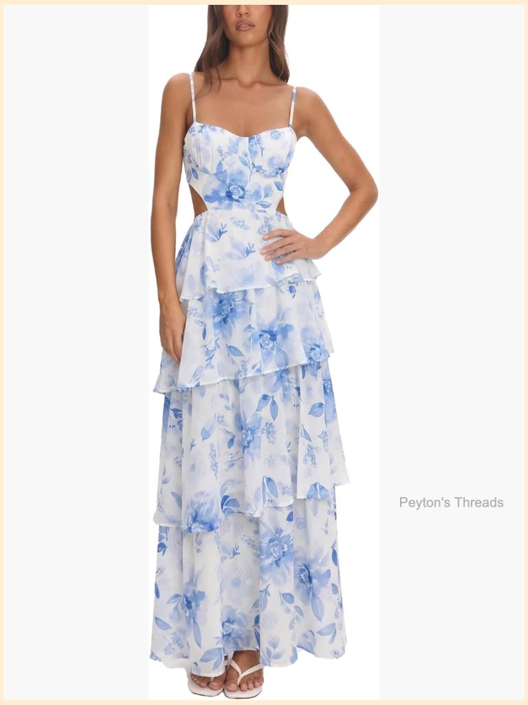 Sleeveless Spaghetti Strap Backless Flowy Ruffle Tiered Maxi Sundress